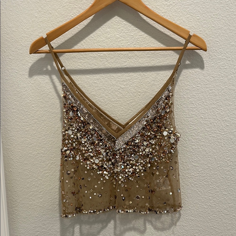 Anthropologie Gold Sequin Sleeveless Crop Top